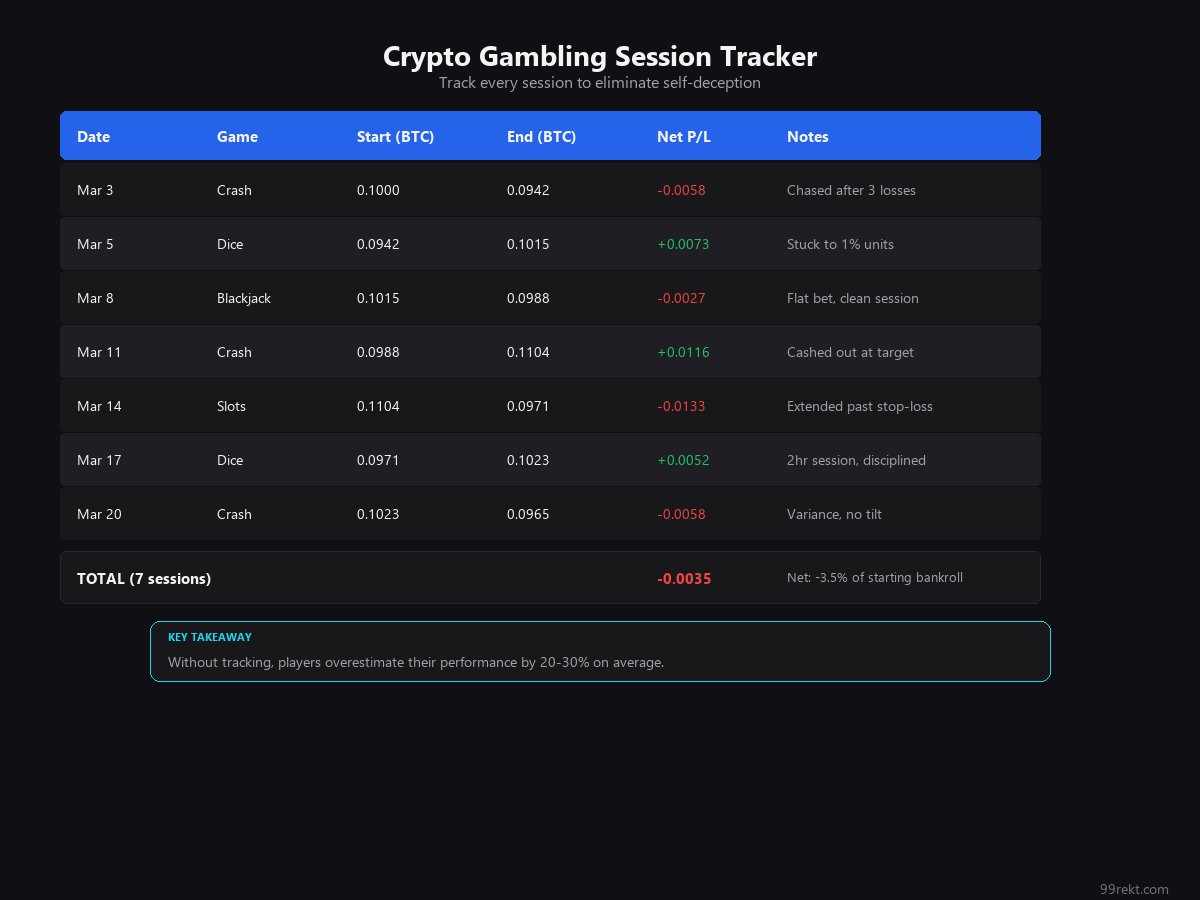 Dark-themed crypto gambling session tracker showing dates, games, and profit/loss in BTC