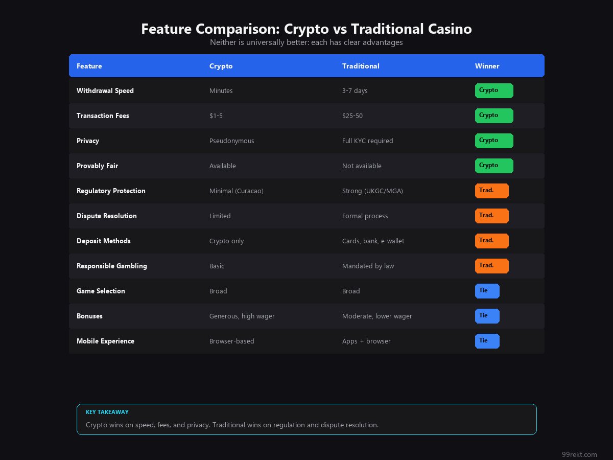Eleven-row feature comparison matrix with winner badges for crypto versus traditional casino