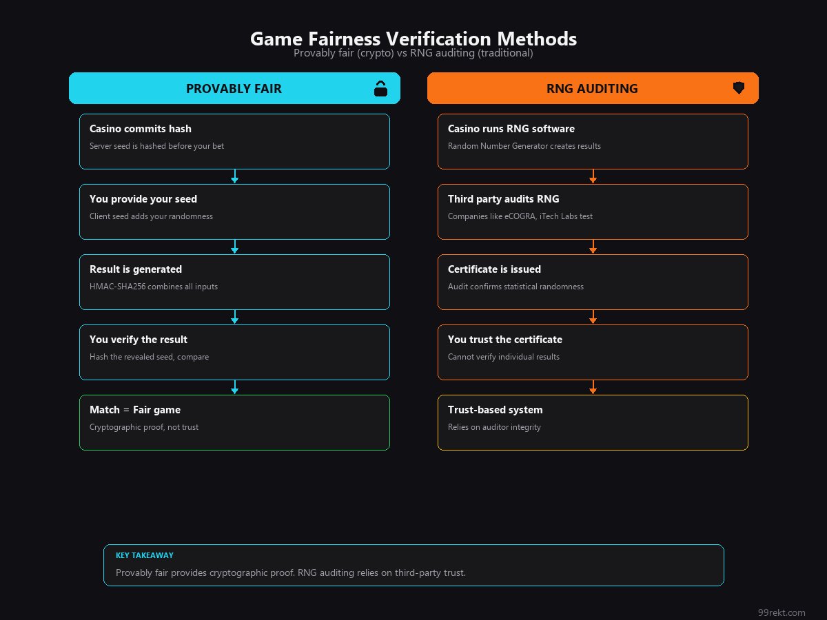 Two-column flowchart comparing provably fair verification versus traditional RNG auditing