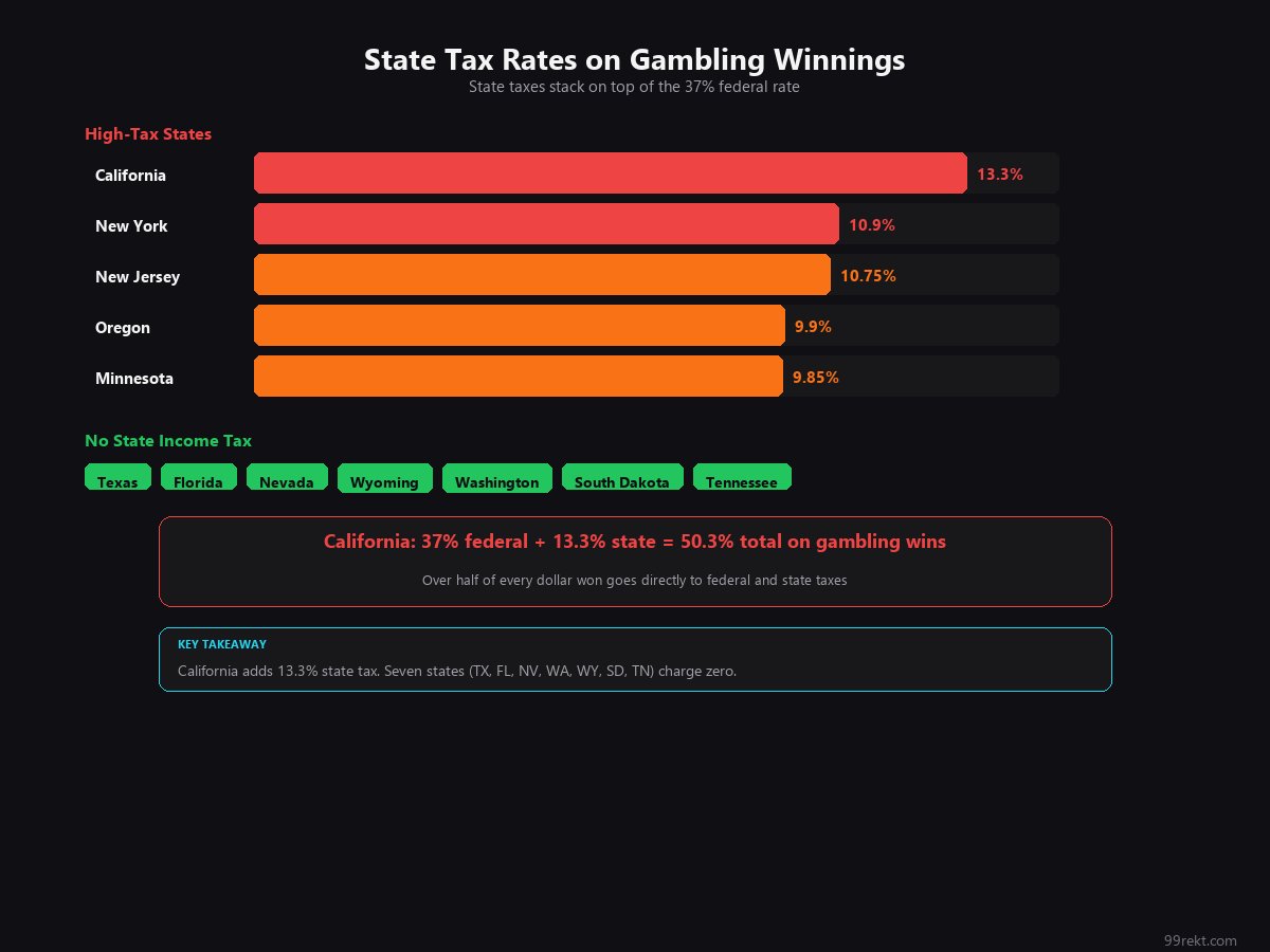 Bar chart of top state tax rates on gambling winnings with California, New York, New Jersey, Oregon, and Minnesota hi...