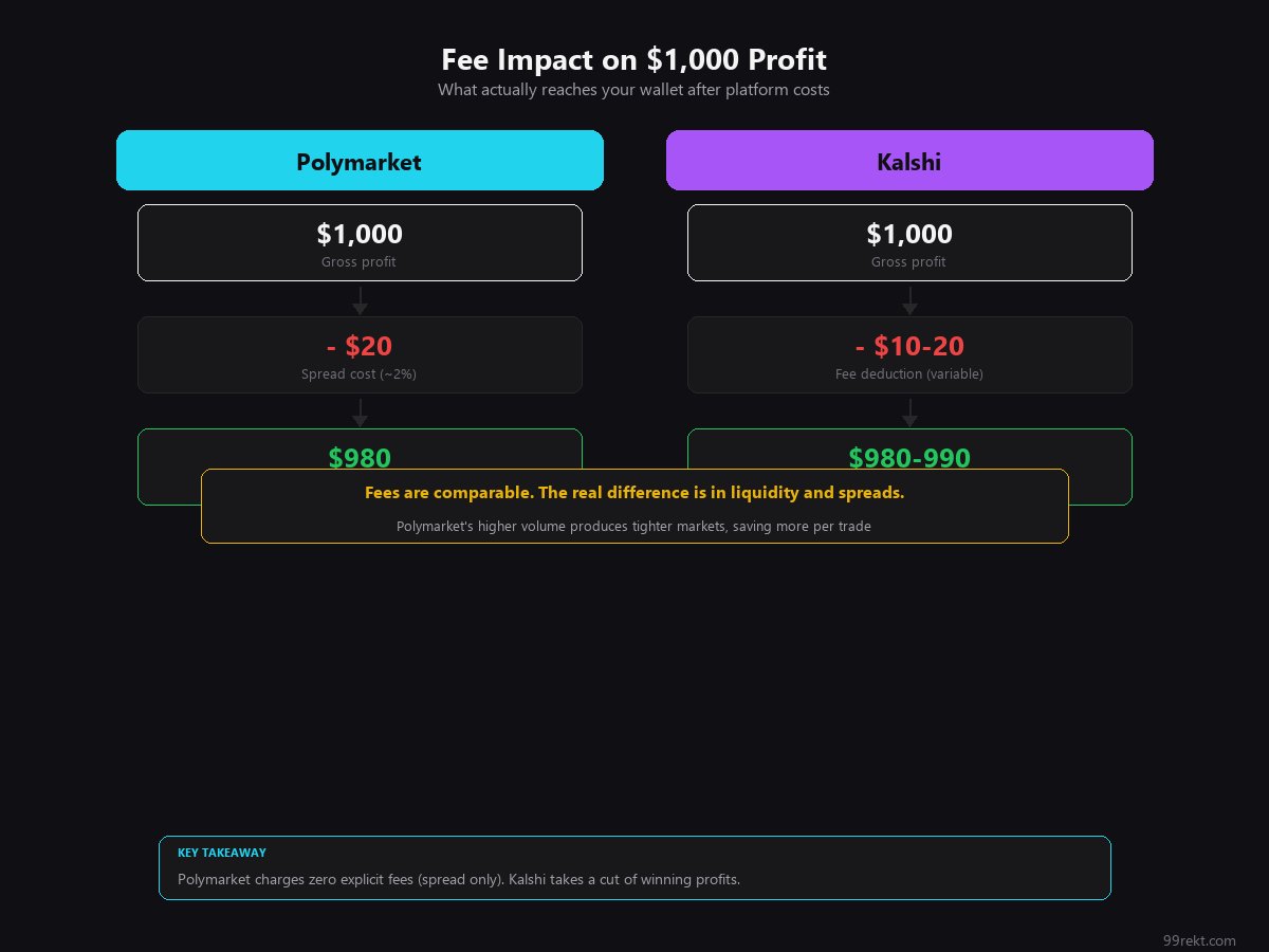 Side-by-side fee flow showing how $1,000 profit is treated on Polymarket and Kalshi