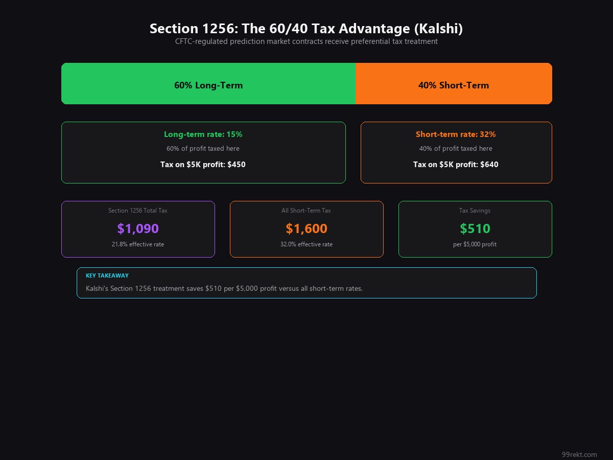 Segmented bar showing Section 1256 sixty-forty split with tax calculation on $5,000 Kalshi profit saving $510 versus ...