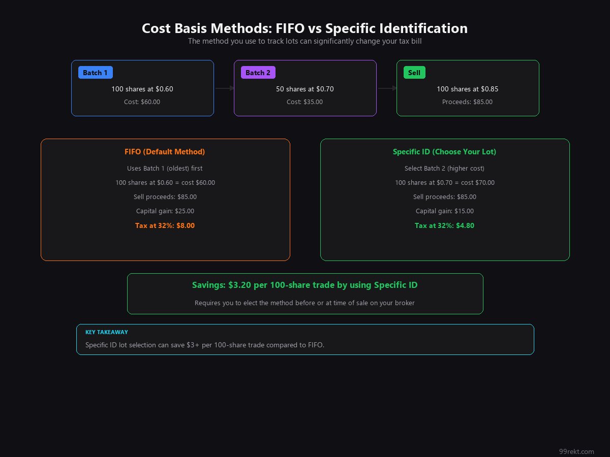 FIFO versus Specific ID lot tracking comparison showing $3.20 tax savings per 100-share trade by selecting higher-cos...